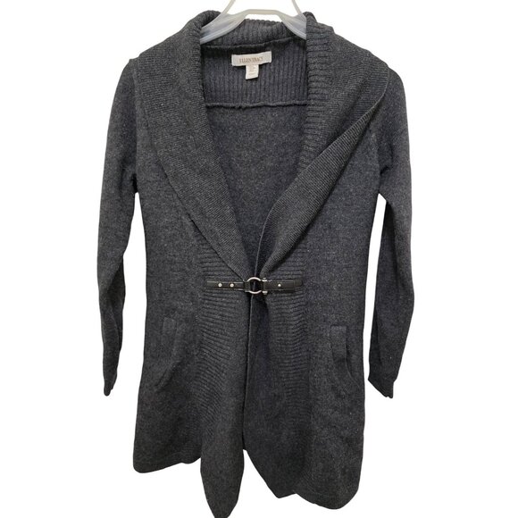 Ellen Tracy Women's Open Front Long Cardigan Wool Blend Leather Accent & Pockets - Picture 1 of 11